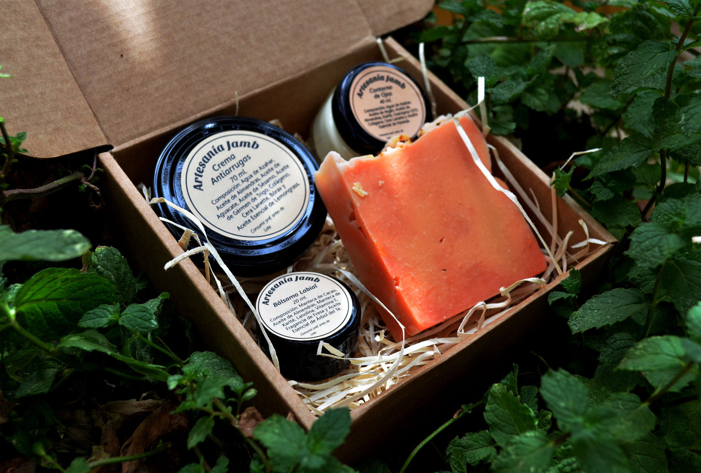 Gift Box with Natural Products - Anti-Wrinkle Cream, Eye Contour, Lip Balm and Rosehip Soap, Natural and Bio Cosmetics.